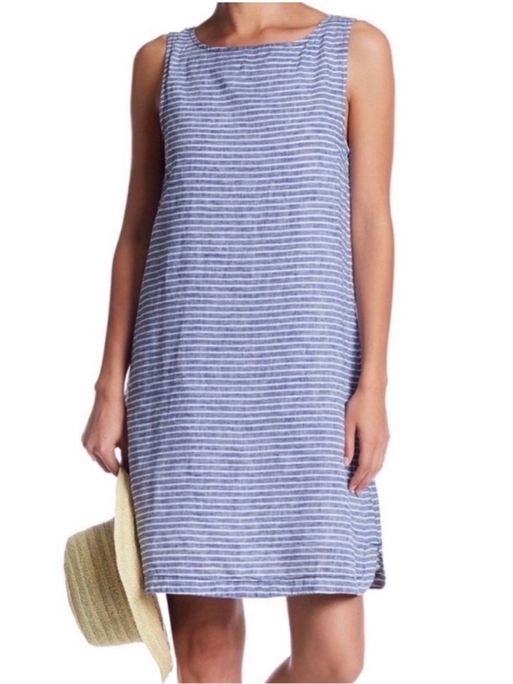 Beach Lunch Lounge Blue Stripe Jaylene Linen & Cotton Sleeveless Dress - Size L